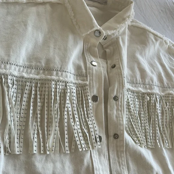 Veveret White Fringe Rhinestone Denim Tassel Jacket Size Large - Picture 12 of 16